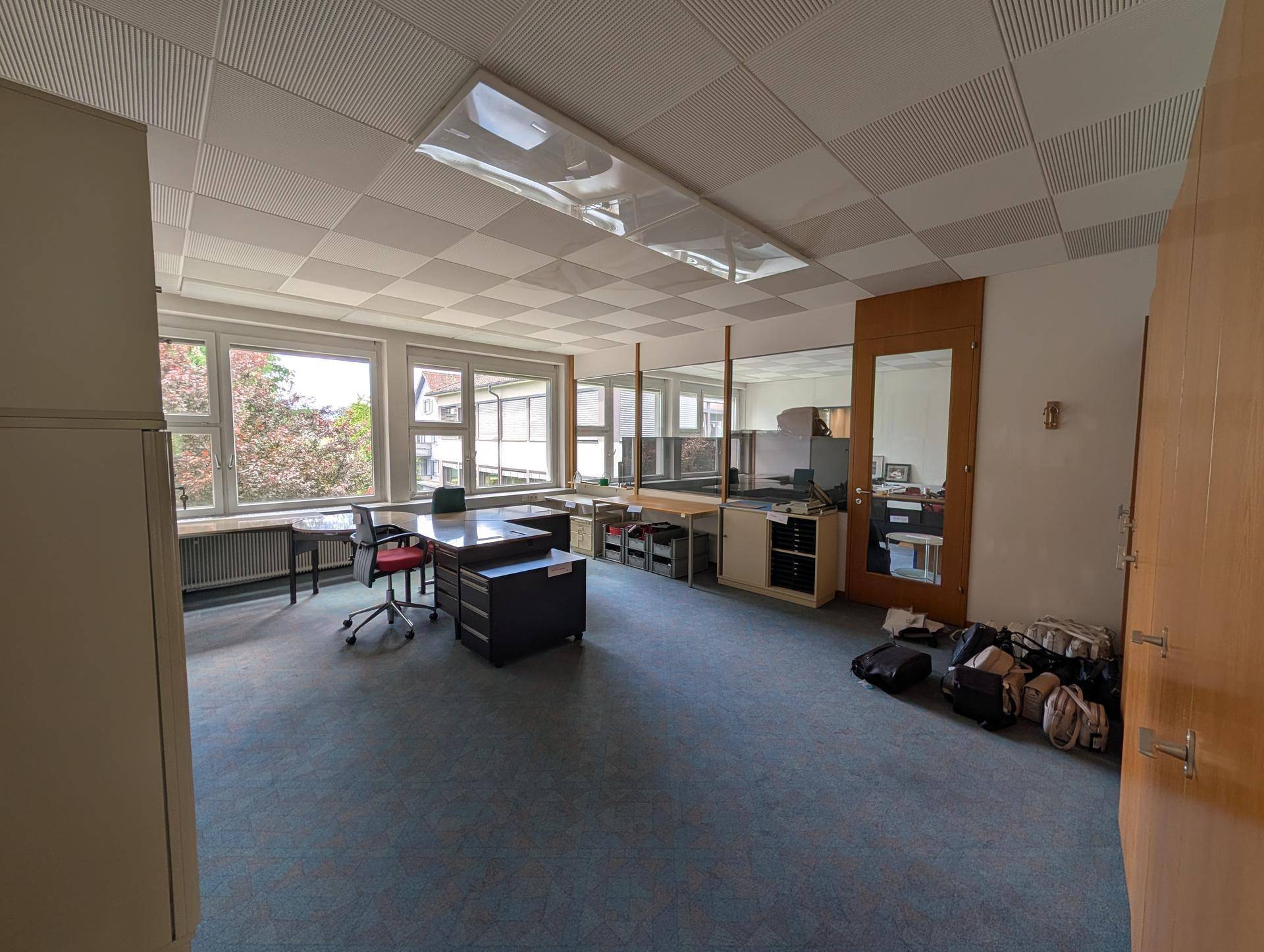Großes Büro mit mehreren Arbeitsplätzen, Teppichboden und Fenstern mit Blick ins Grüne.