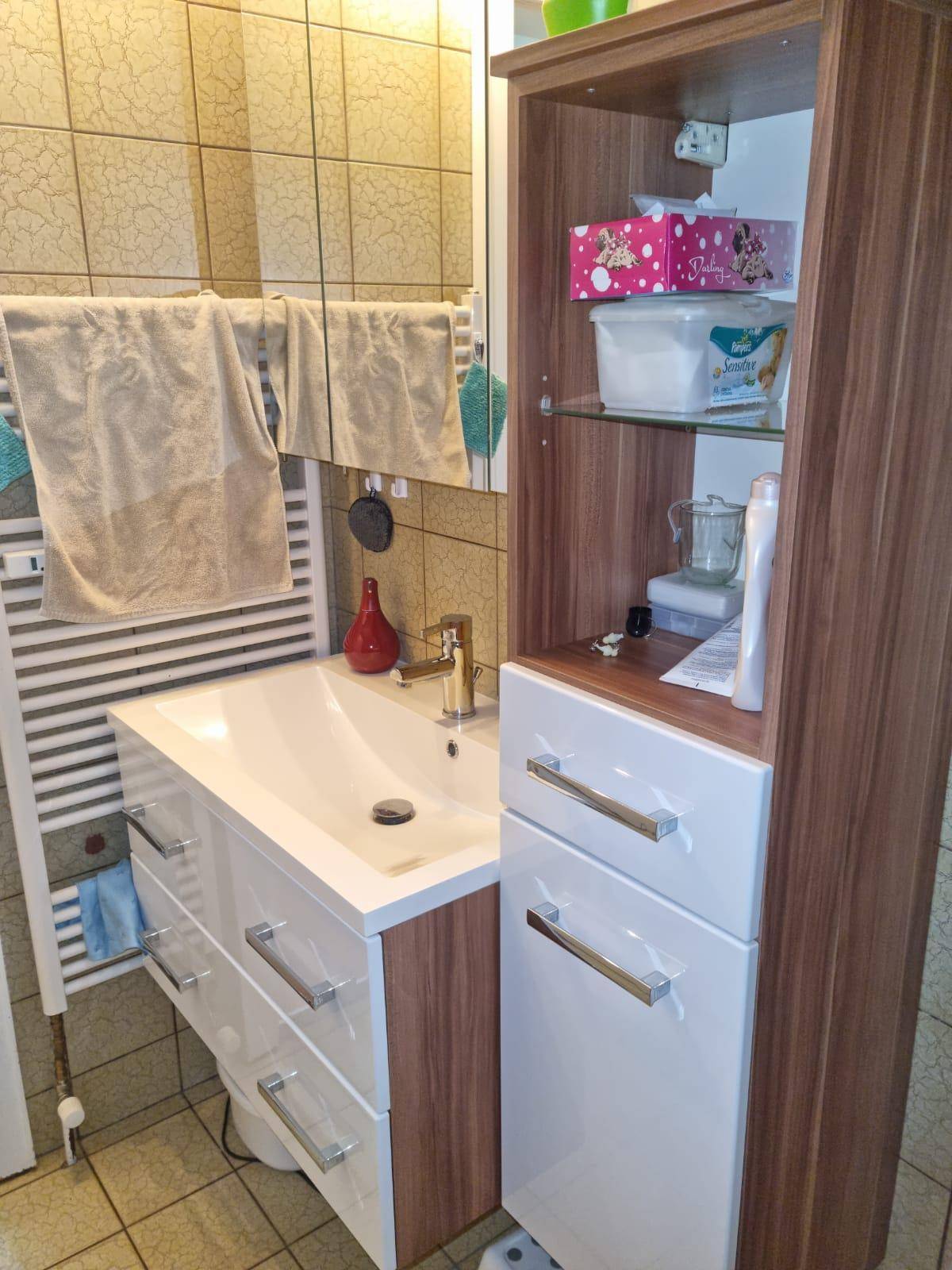 Badezimmer mit modernem Waschtisch, Spiegelschrank und praktischem Hochschrank.