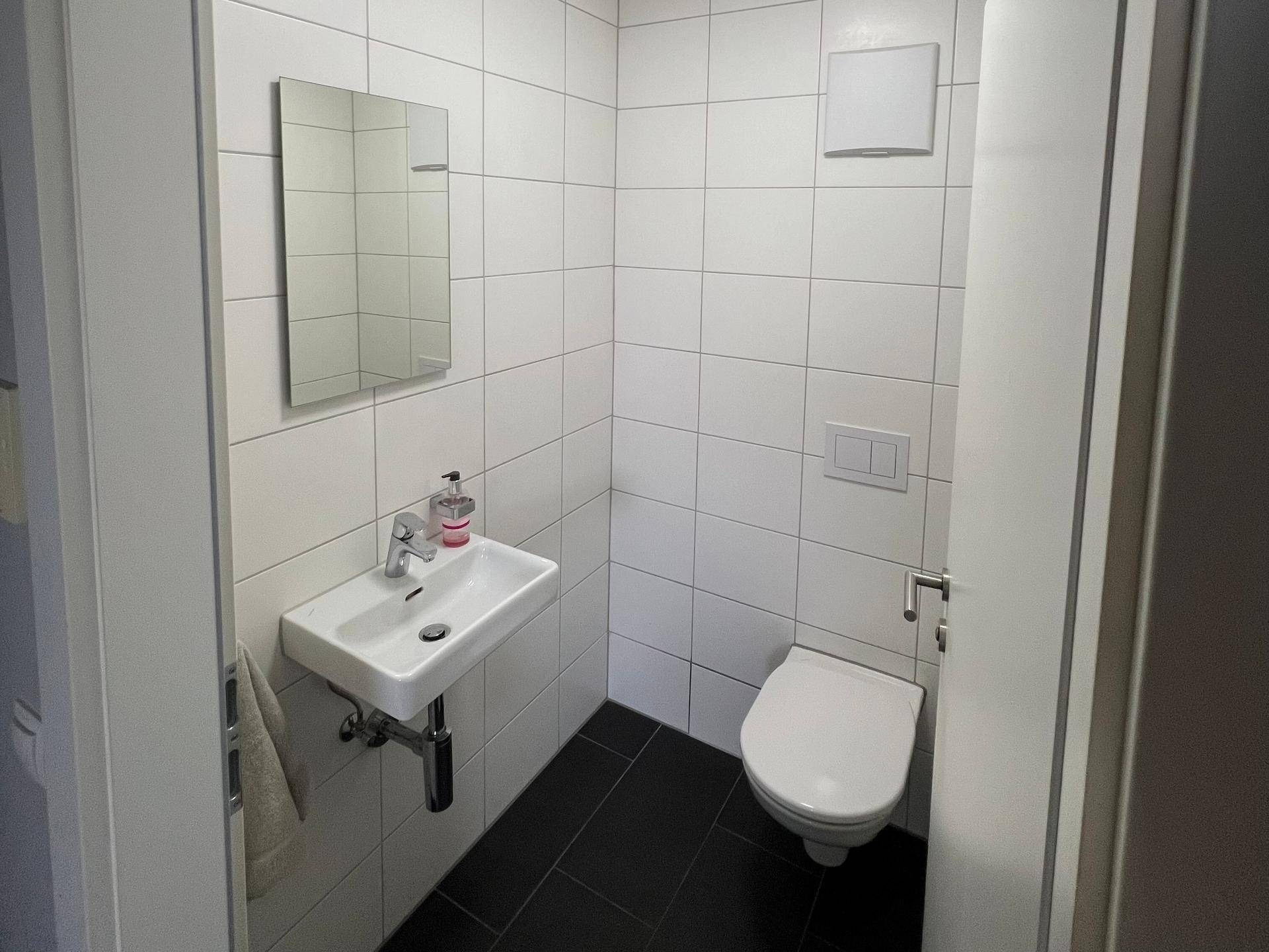 Separates Gäste-WC mit Waschbecken, Toilette und weißen Fliesen.