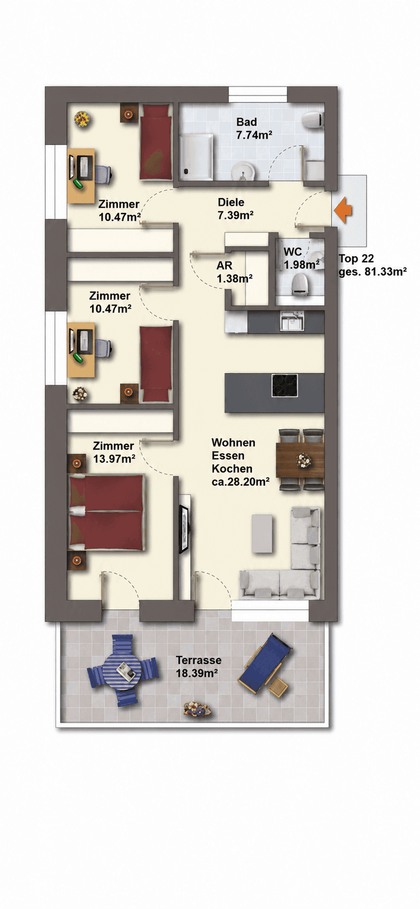 Detaillierter Grundriss der Wohnung mit drei Schlafzimmern und großer Terrasse.