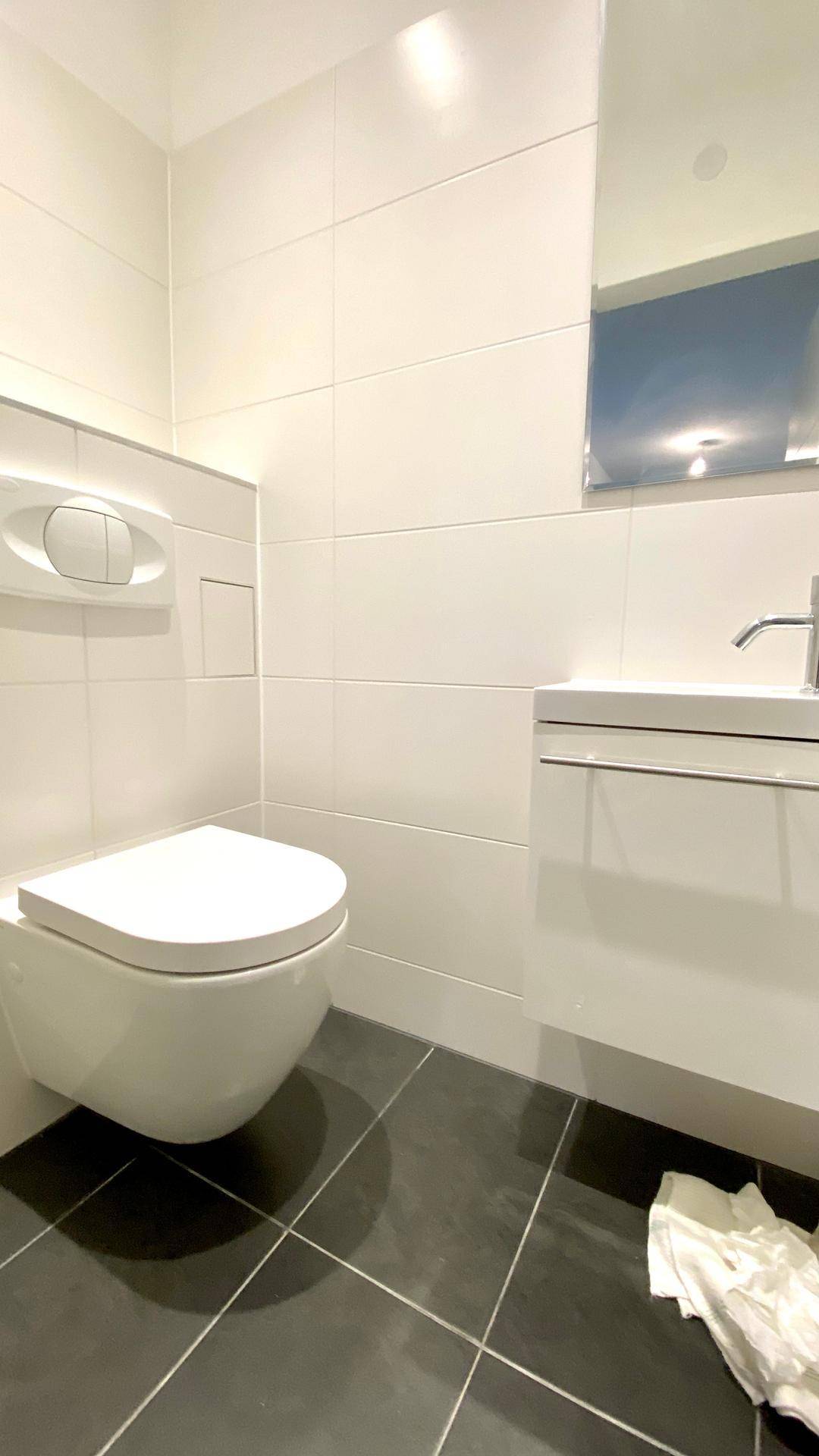 Modernes Gäste-WC mit wandhängender Toilette und Waschbecken mit Unterschrank.