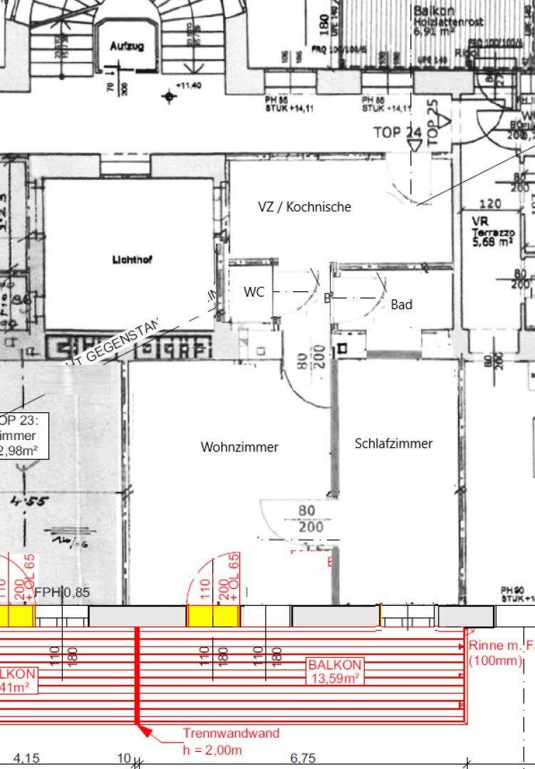 Grundriss einer Wohnung mit Wohnzimmer, Schlafzimmer, Bad, WC und Balkon, inklusive Aufzug.