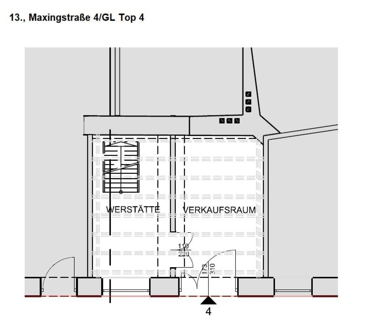 Grundriss eines Gewerberaums, aufgeteilt in Werkstatt und Verkaufsraum mit offenem Layout.