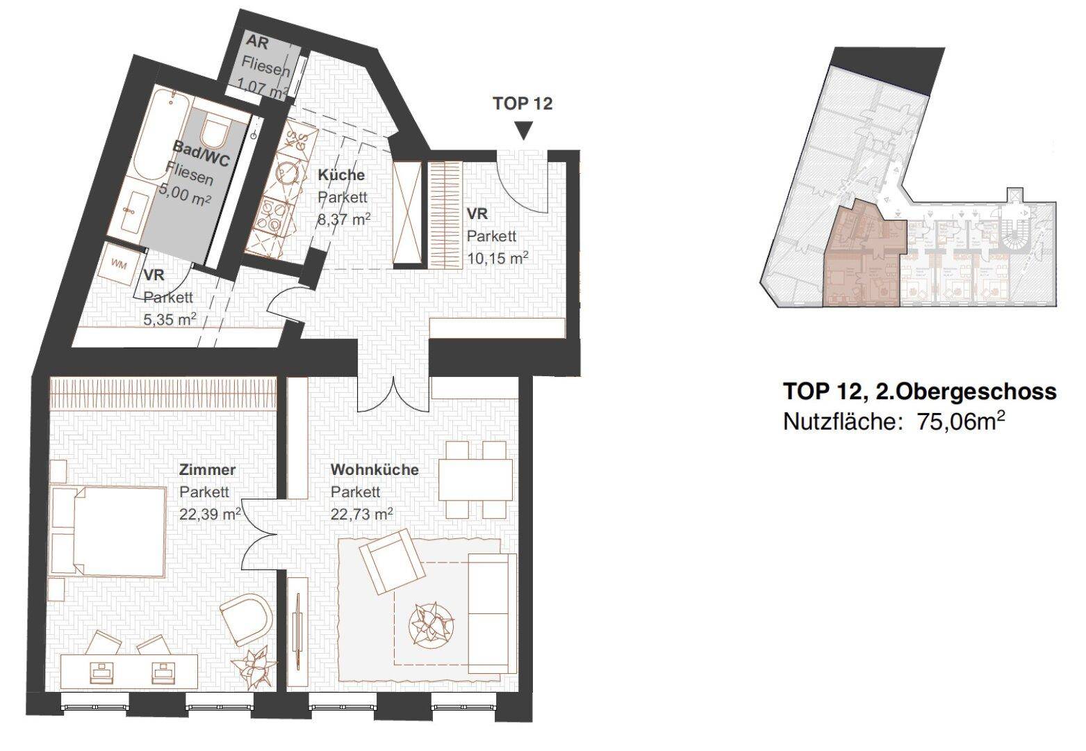 Grundriss der Wohnung TOP 12 im 2. Obergeschoss mit offener Wohnküche, einem Schlafzimmer und Bad/WC.