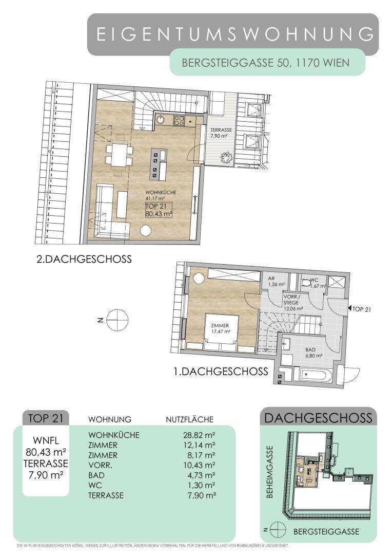 Detaillierter Grundriss einer Eigentumswohnung im 1. und 2. Dachgeschoss mit Terrasse.