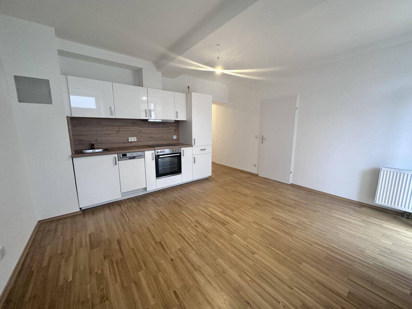 Offener Wohnbereich mit integrierter Küche, Parkettboden und weiß gestrichenen Wänden.