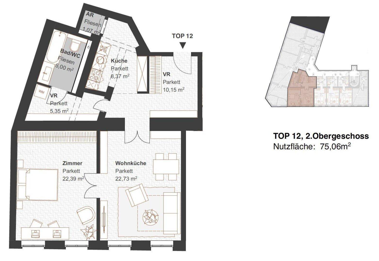 Grundriss der Wohnung Top 12 im 2. Obergeschoss mit einer Nutzfläche von 75,06 m².