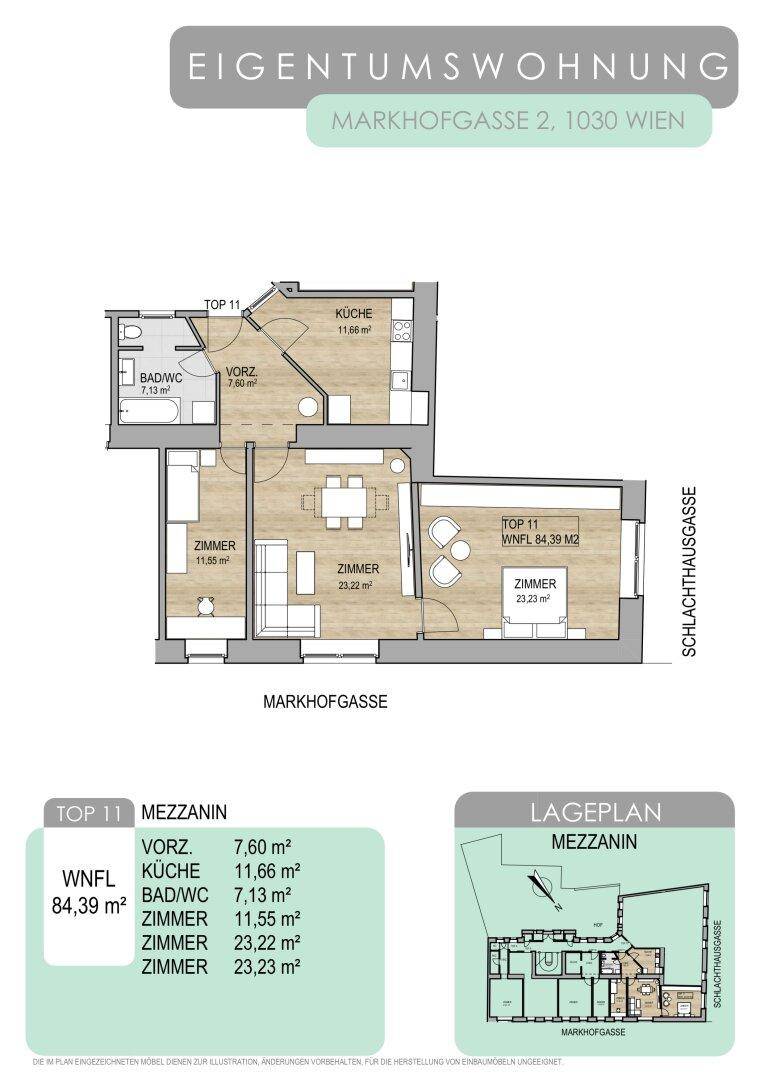 Grundriss der Eigentumswohnung Top 11 im Mezzanin mit 84,39 m² Wohnfläche.