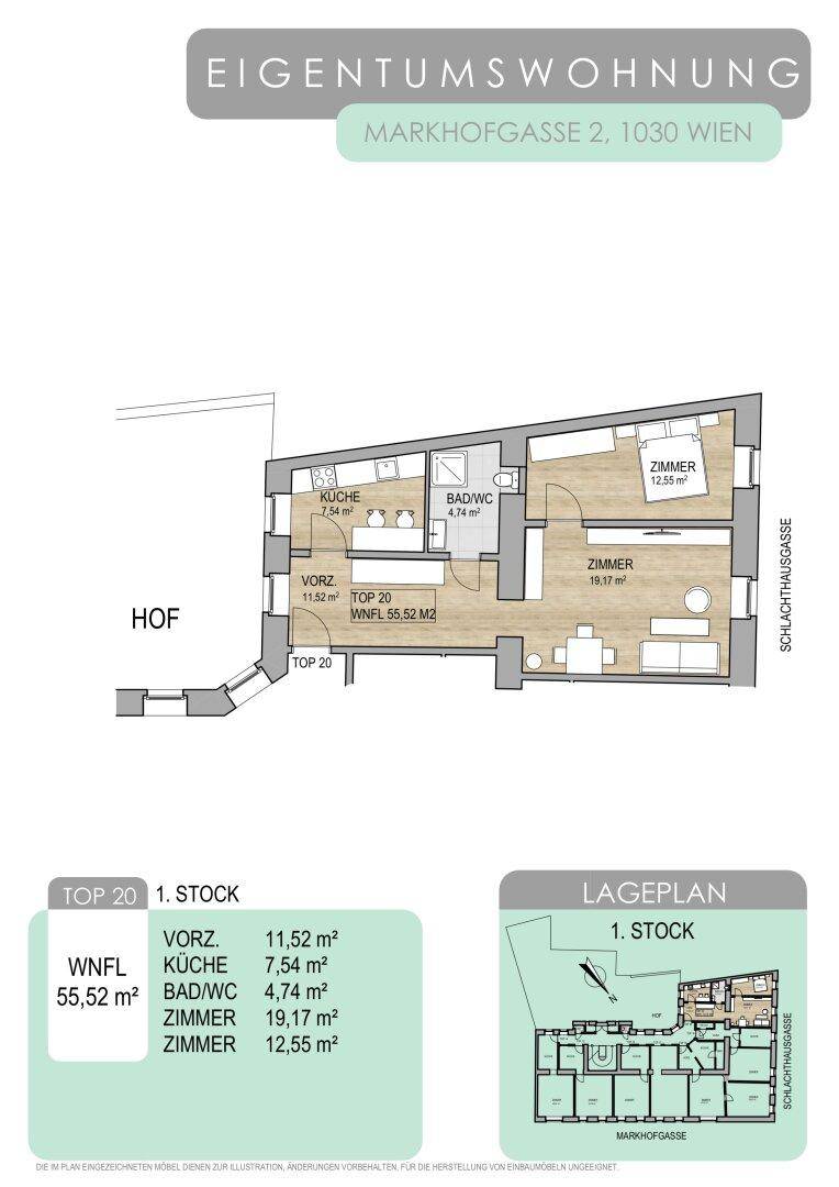 Grundriss einer Eigentumswohnung in Wien mit Zimmern und Flächenangaben.