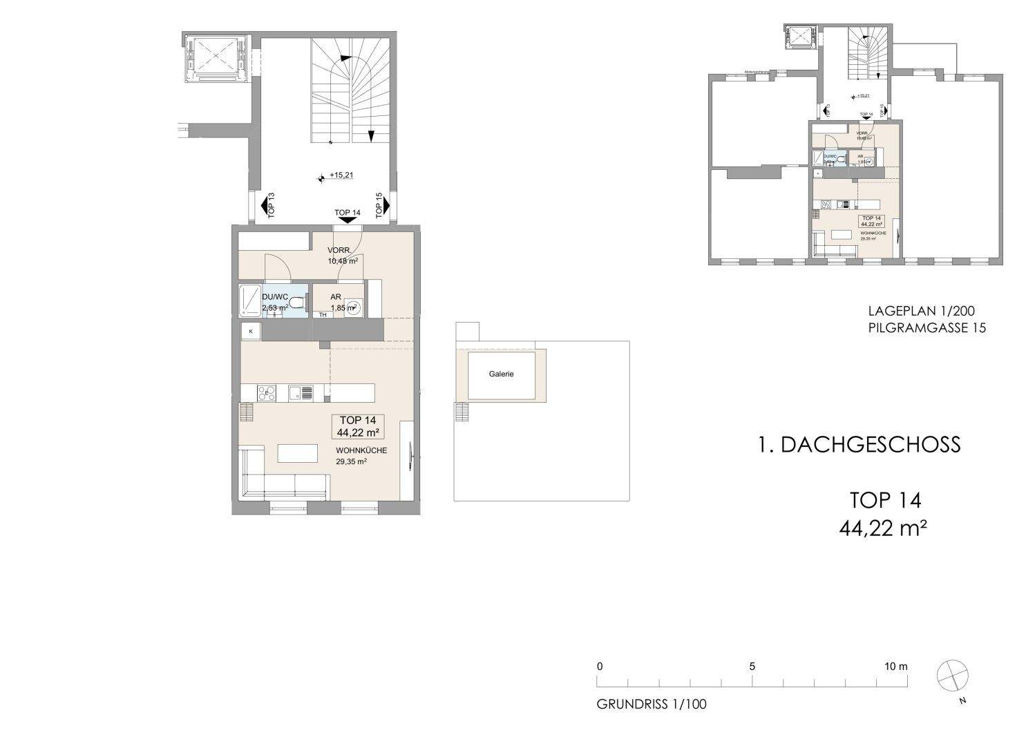 Grundriss des Dachgeschosses (TOP 14) mit offener Wohnküche und Balkon.