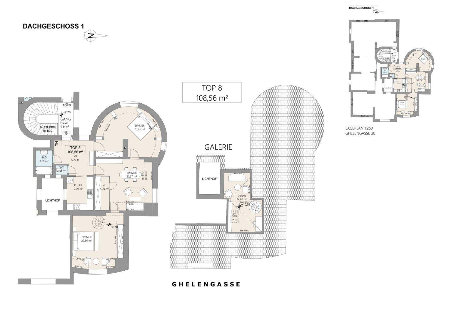 Grundrissplan für Dachgeschoss 1, Top 8, mit 108,56 m² Wohnfläche und Galeriebereich.