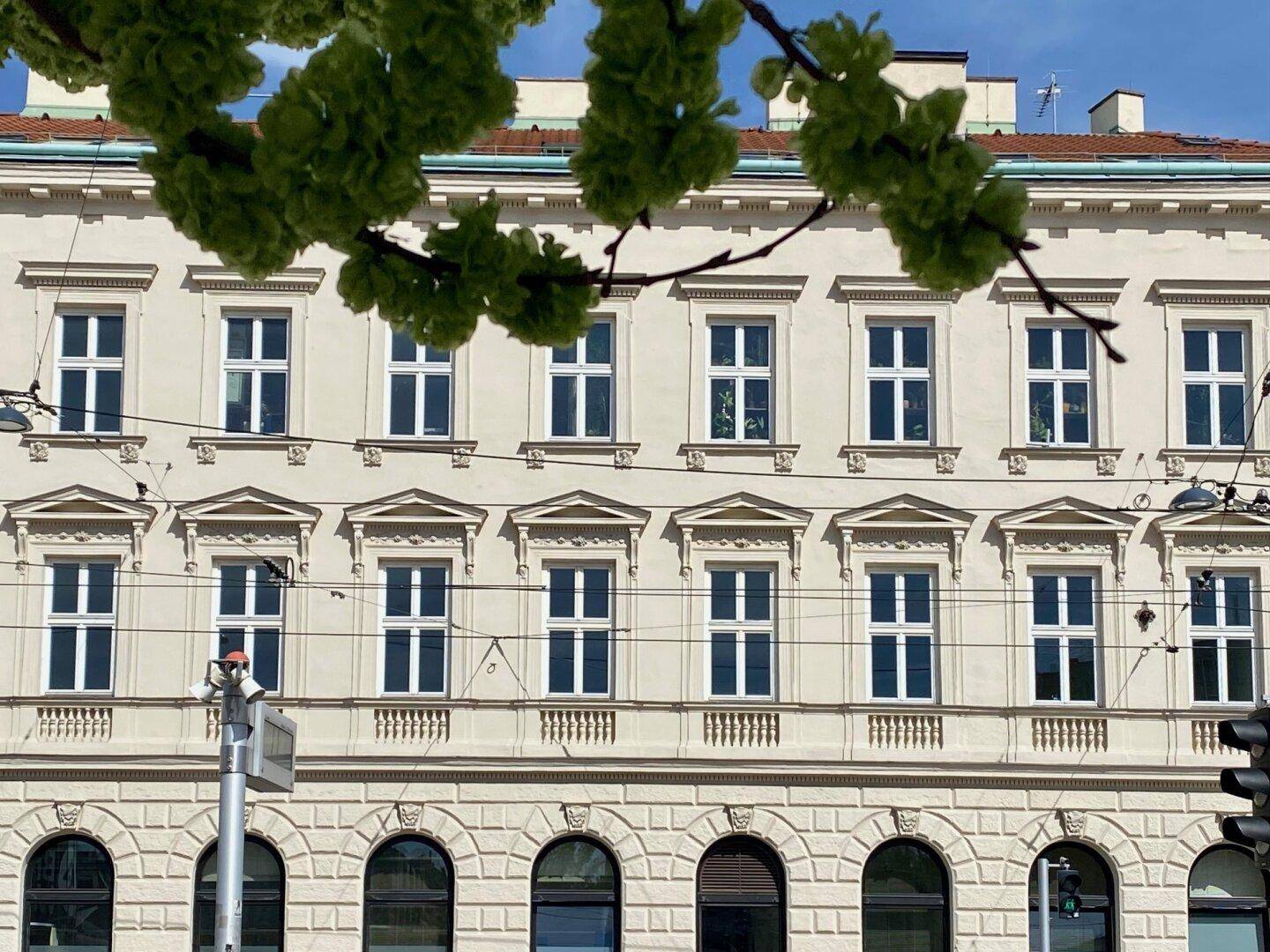 Klassische Fassade eines Altbaus mit vielen Fenstern und dekorativen Elementen unter blauem Himmel.