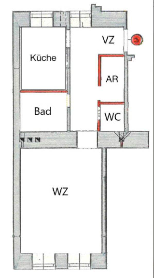 Übersichtlicher Grundriss einer Wohnung mit separater Küche, Bad, WC und Wohnzimmer.