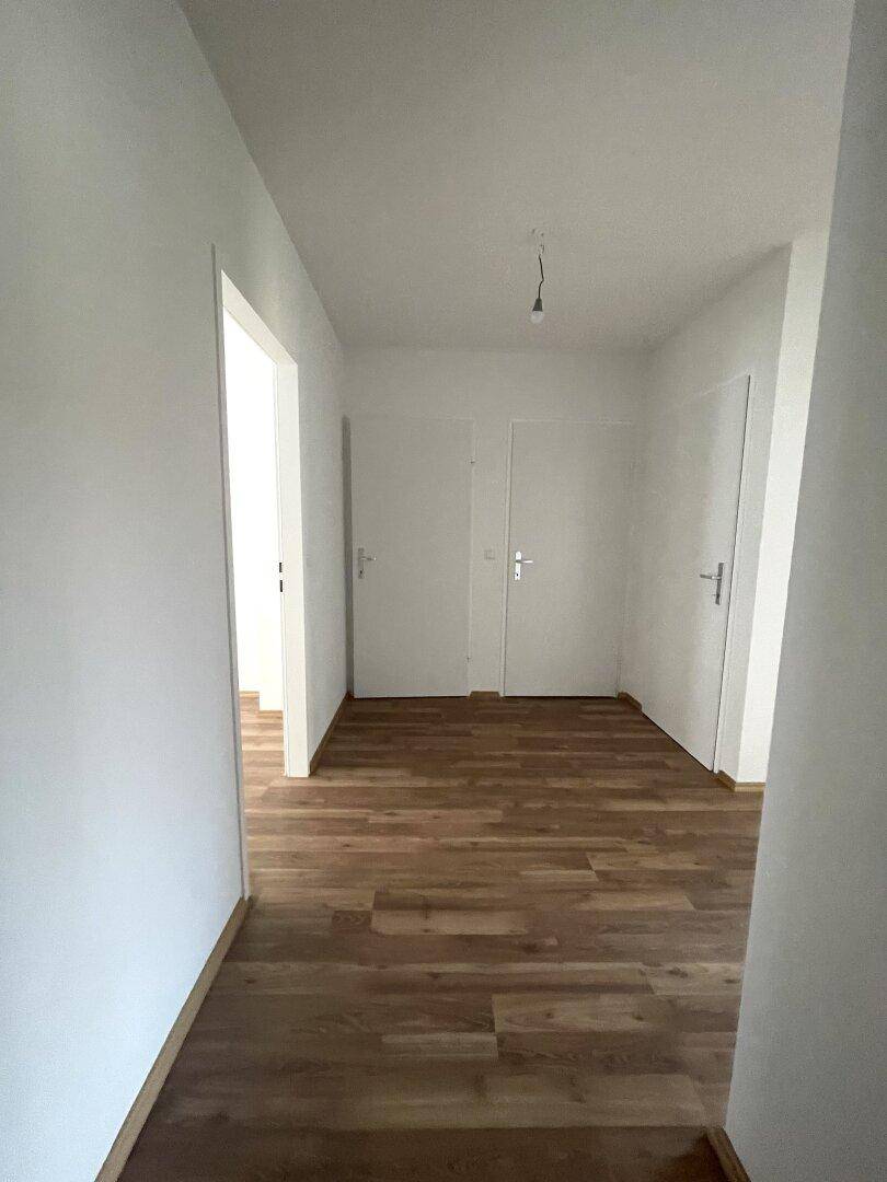 Heller Flur mit Laminatboden und mehreren Türen zu den angrenzenden Räumen.