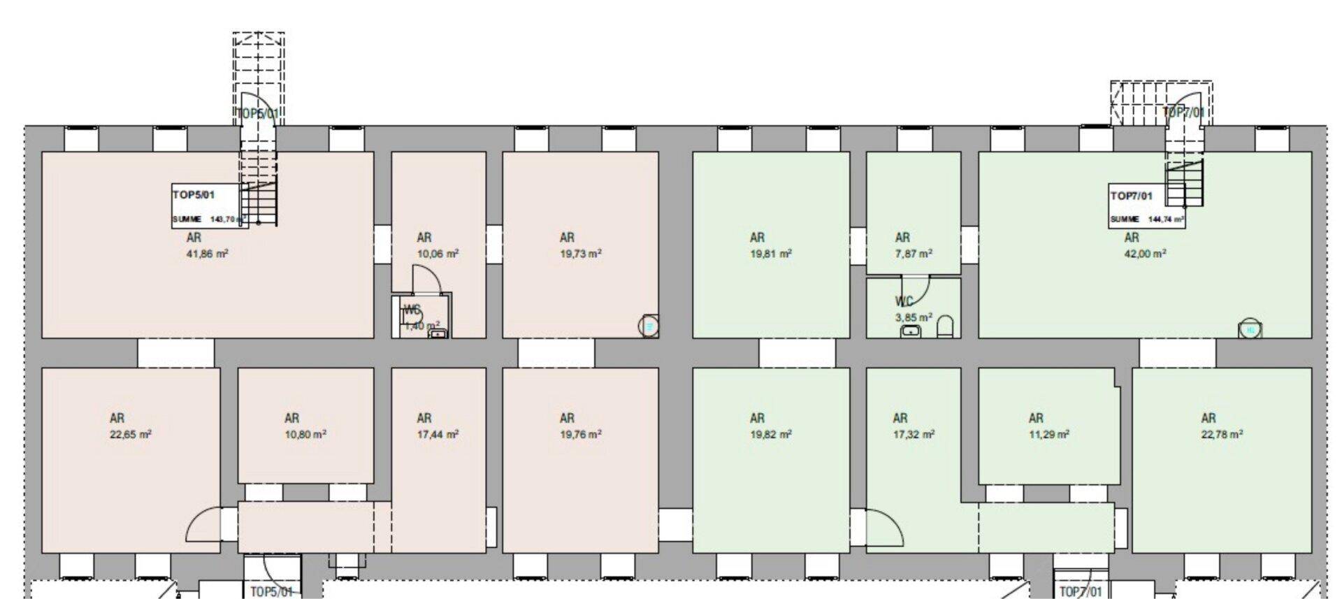 Grundrissplan mit mehreren rechteckigen Räumen und Flächenangaben.