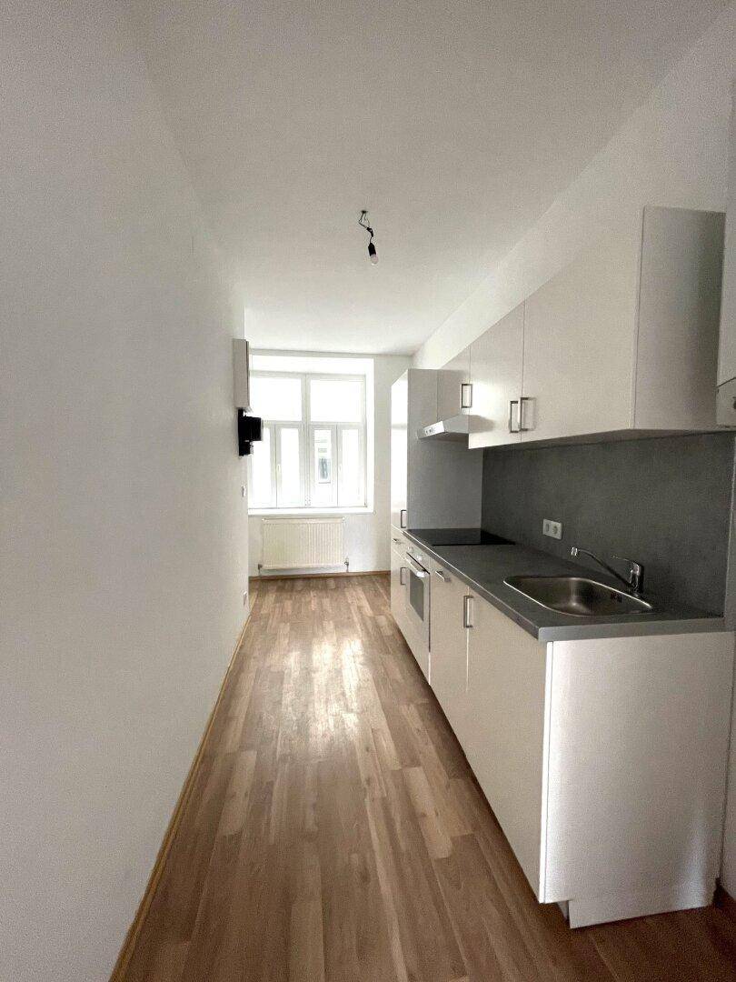 Schmale Küche mit weißen Schränken, grauer Arbeitsplatte und Fenster für natürliches Licht.