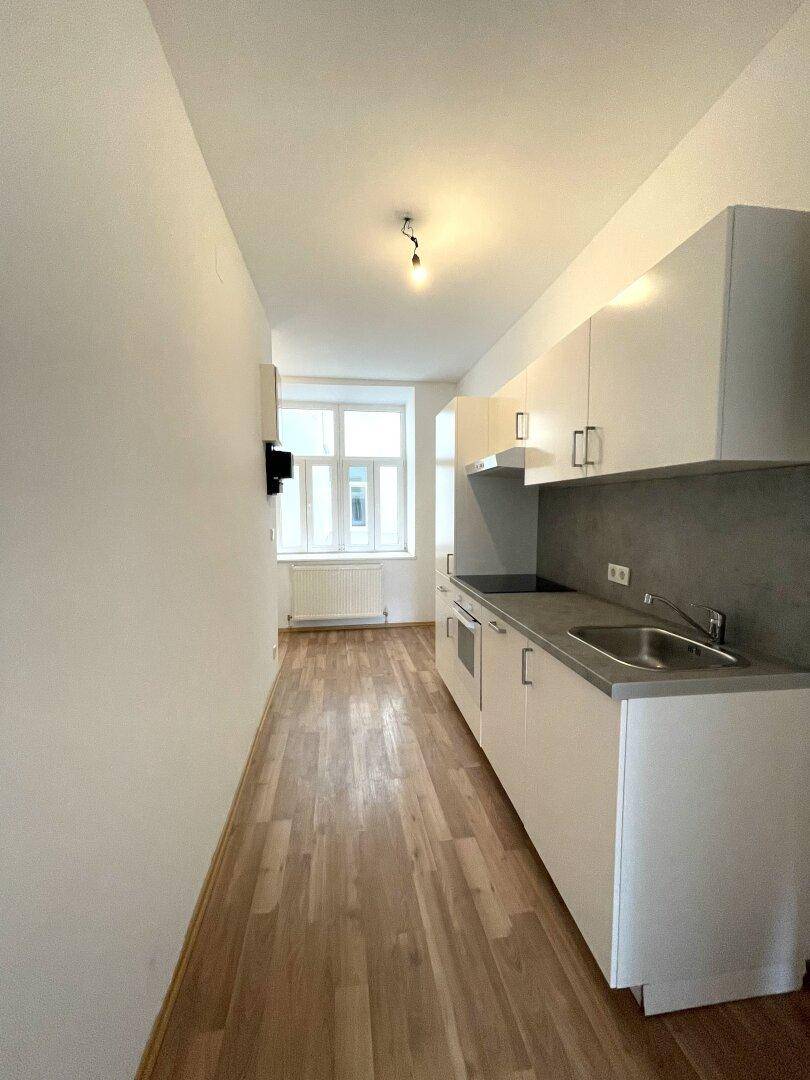 Schmale Küche mit weißen Schränken, grauer Arbeitsplatte und Fenster für natürliches Licht.