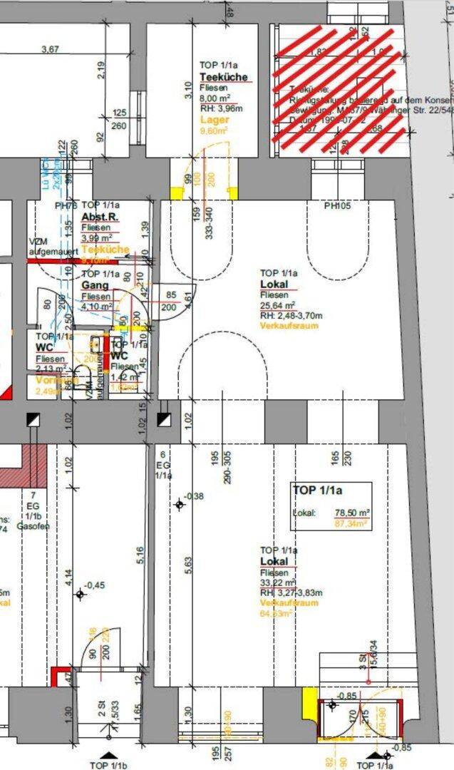 Grundrissplan zeigt mehrere Gewerbeeinheiten mit Teeküche, WC und offenem Layout.
