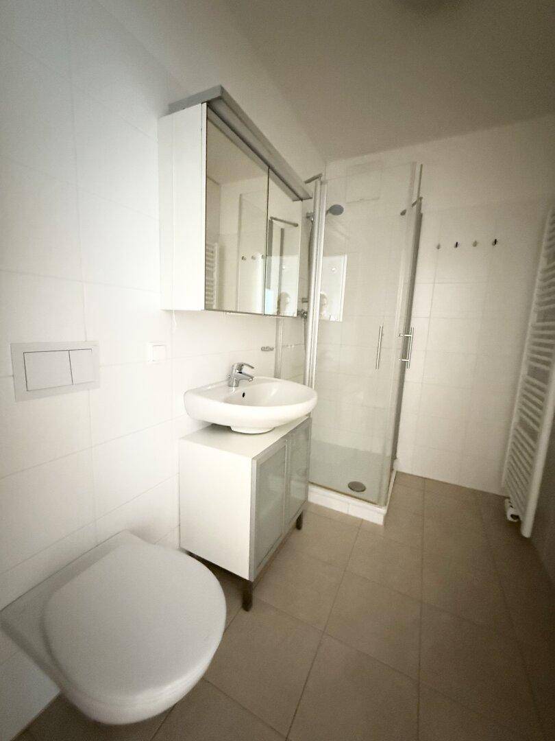 Modernes Badezimmer mit Duschkabine, wandhängendem WC, Einzelwaschbecken und Spiegelschrank.
