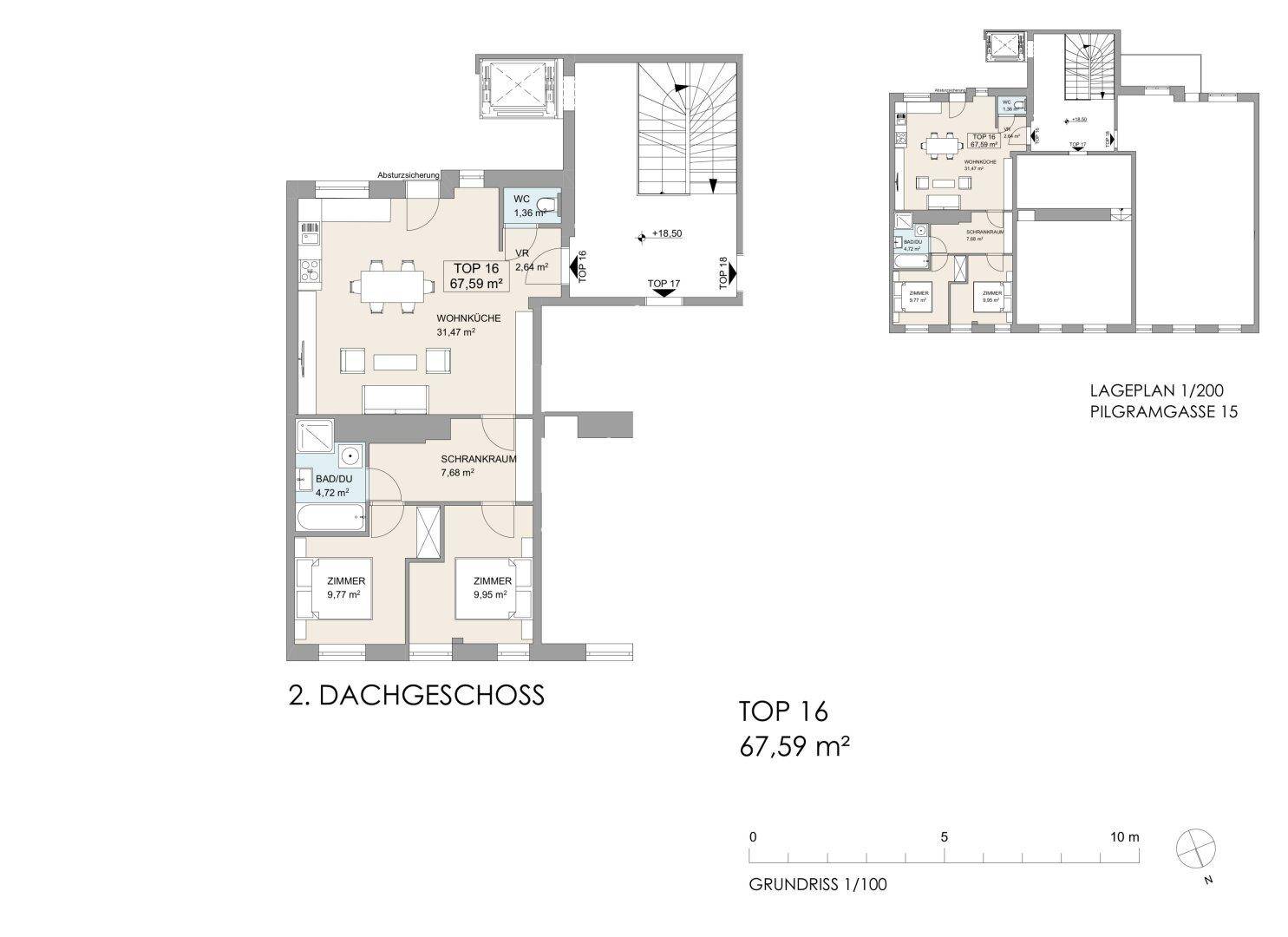 Grundriss einer Dachgeschosswohnung mit offenem Wohnbereich, zwei Zimmern und Balkon.