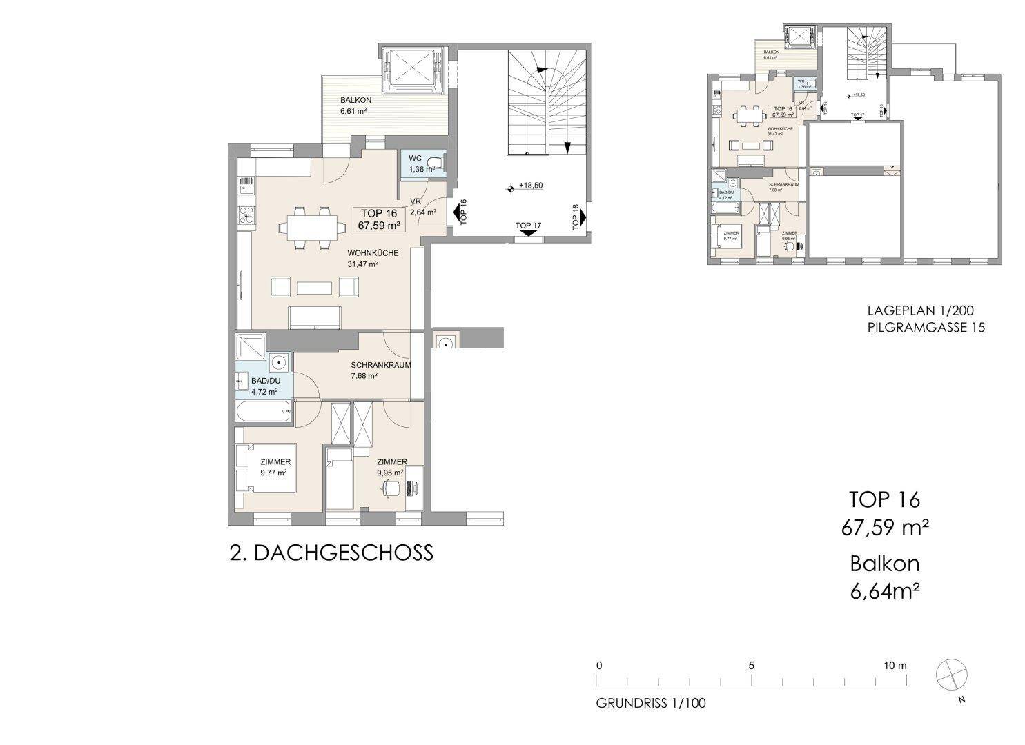 Grundriss einer Dachgeschosswohnung mit offenem Wohnbereich, zwei Zimmern und Balkon.