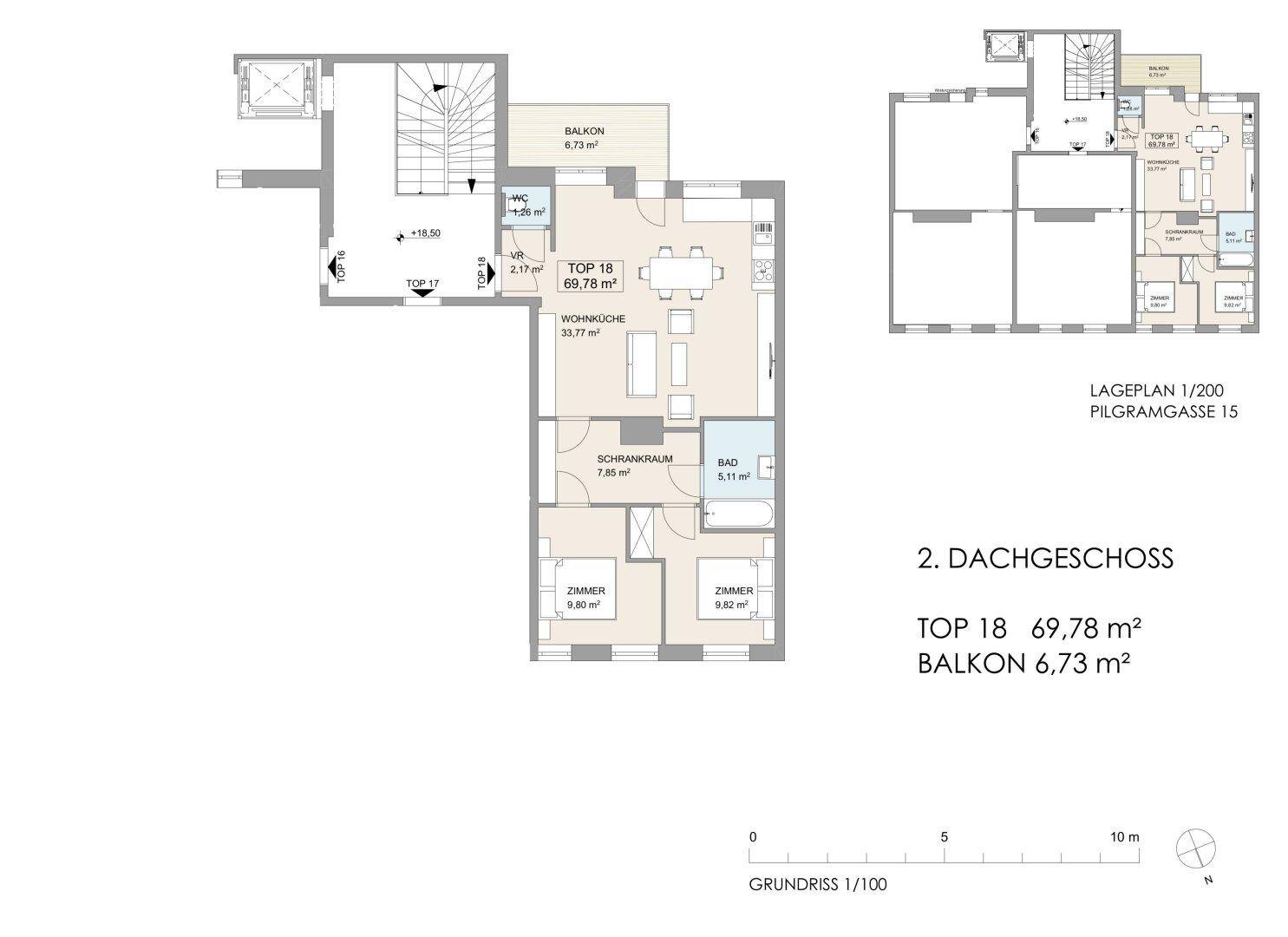 Grundriss einer Dachgeschosswohnung mit offenem Wohnbereich, Balkon und separatem Schrankraum.