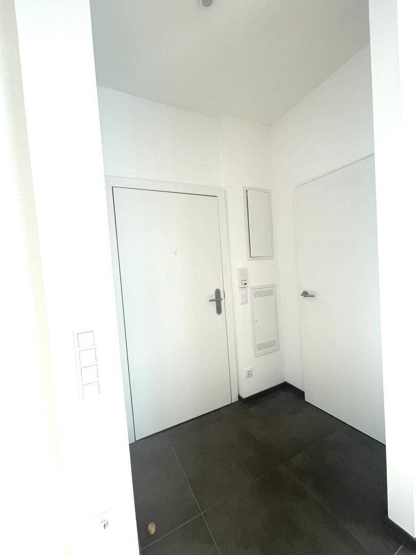 Eingangsbereich mit dunklen Fliesen, weißen Wänden und Zugang zu weiteren Räumen der Wohnung.