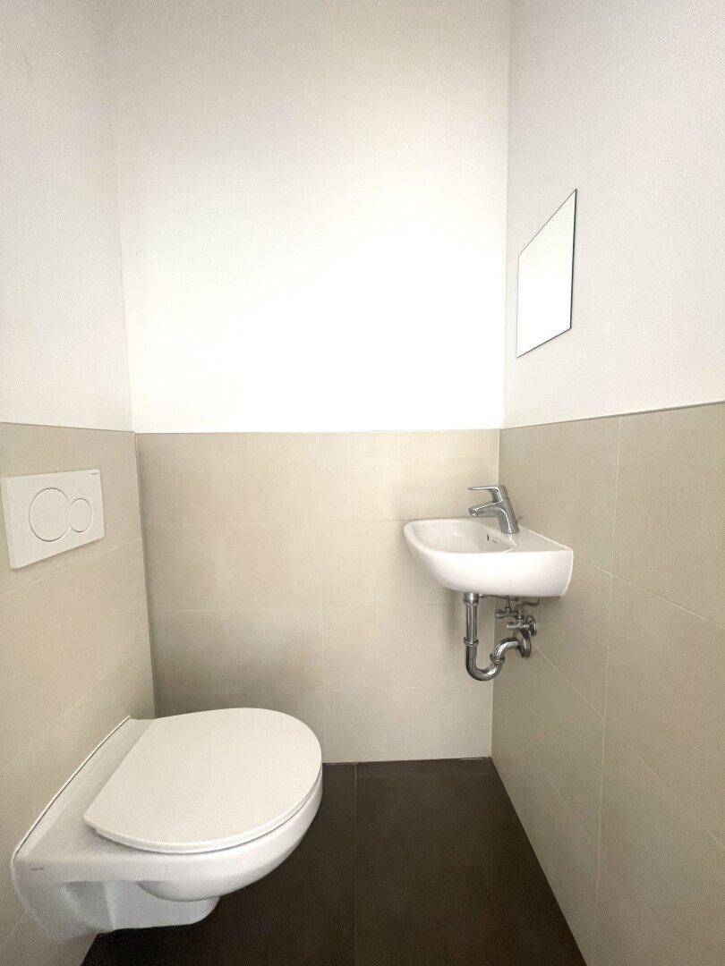 Separates Gäste-WC mit wandhängender Toilette, kleinem Waschbecken und modernen Fliesen.