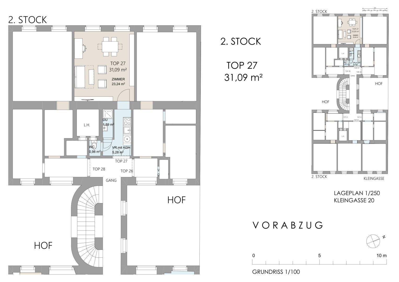 Detaillierter Grundriss der Wohnung TOP 27 im 2. Stock und Gesamtübersicht des Gebäudes.