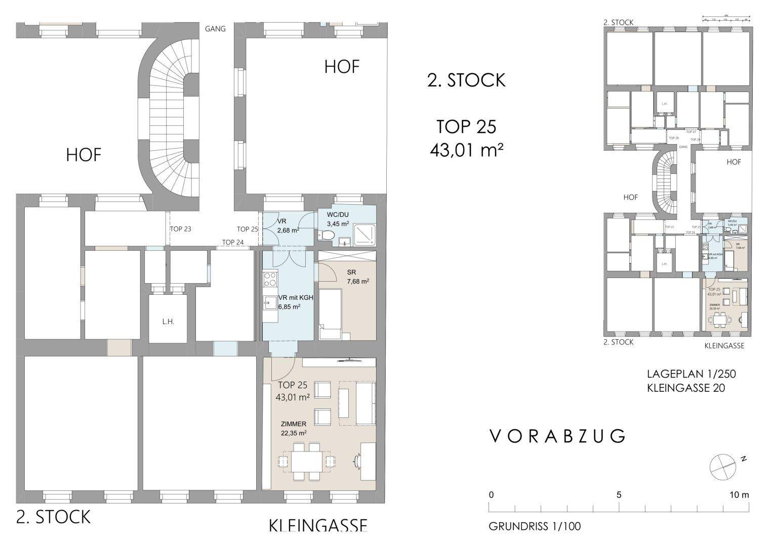 Grundrissplan der Wohnung Top 25 im 2. Stock mit einer Fläche von 43,01 m².