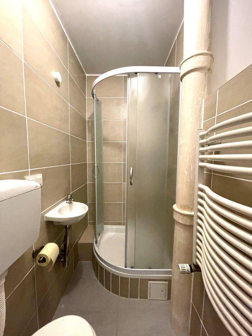 Kleines Badezimmer mit Duschkabine, WC und Handtuchheizkörper.
