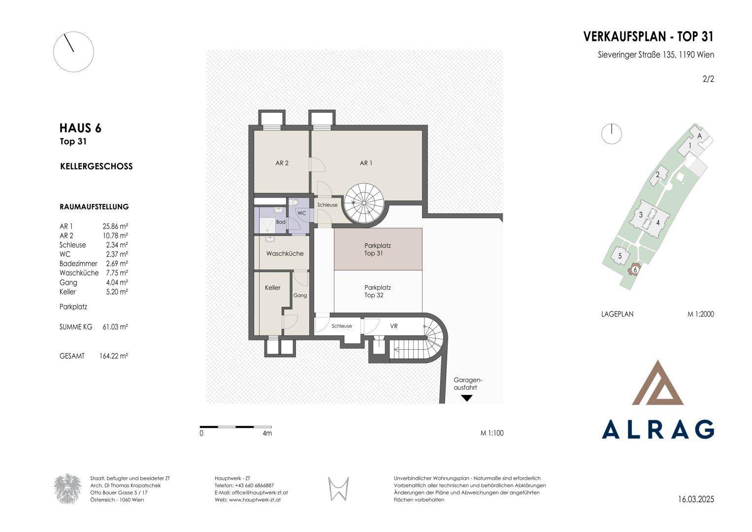Grundriss des Kellergeschosses mit Abstellräumen, Waschküche und Tiefgaragenstellplatz.