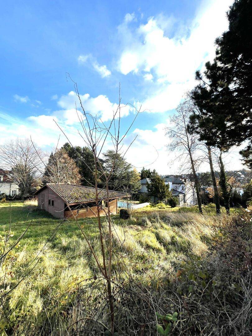 Weitläufiger Gartenbereich mit einem kleinen Schuppen und üppiger Vegetation unter blauem Himmel.