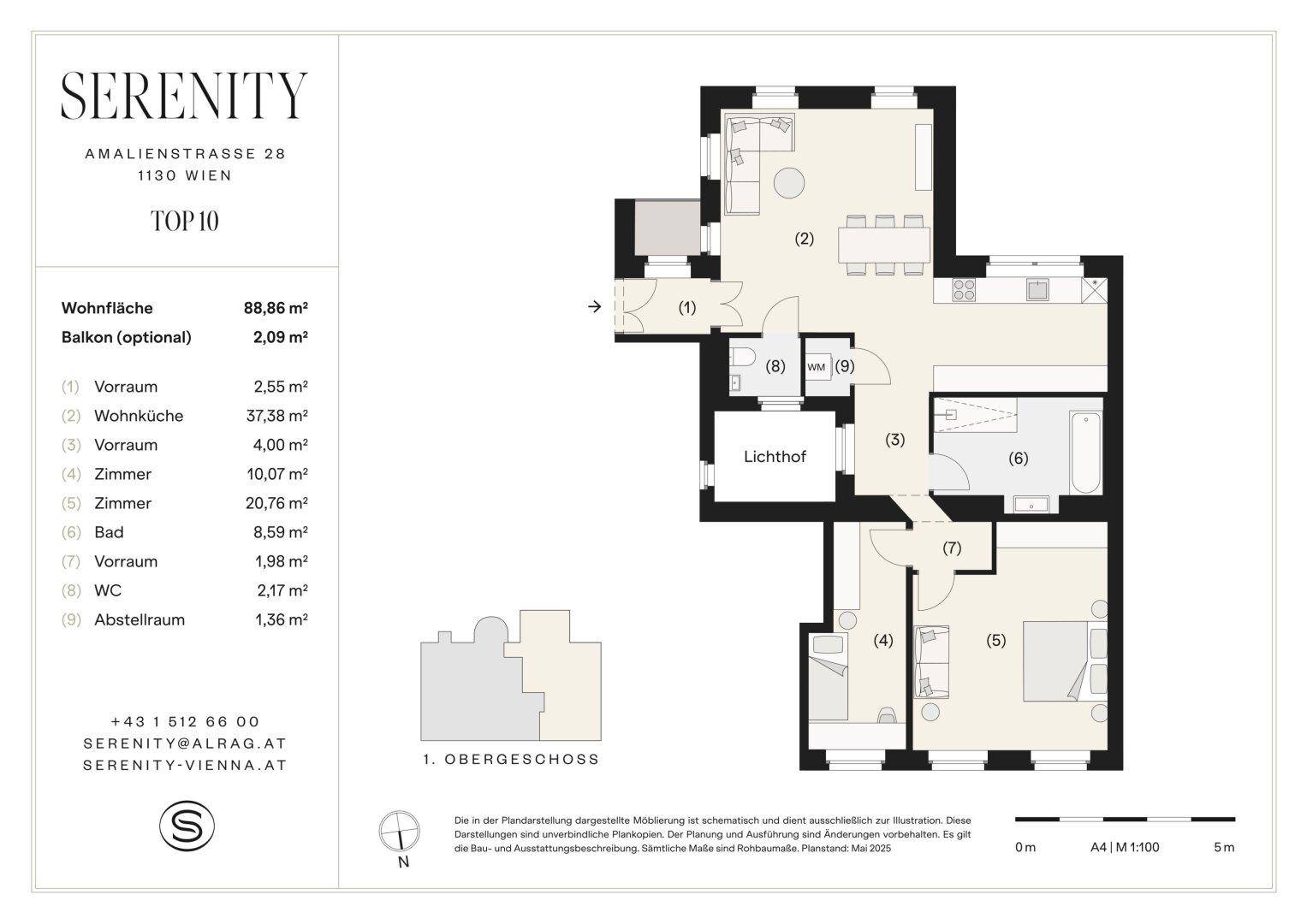 Grundriss der Wohnung Top 10 mit 88,86 m² Wohnfläche, Balkon und offener Raumaufteilung.