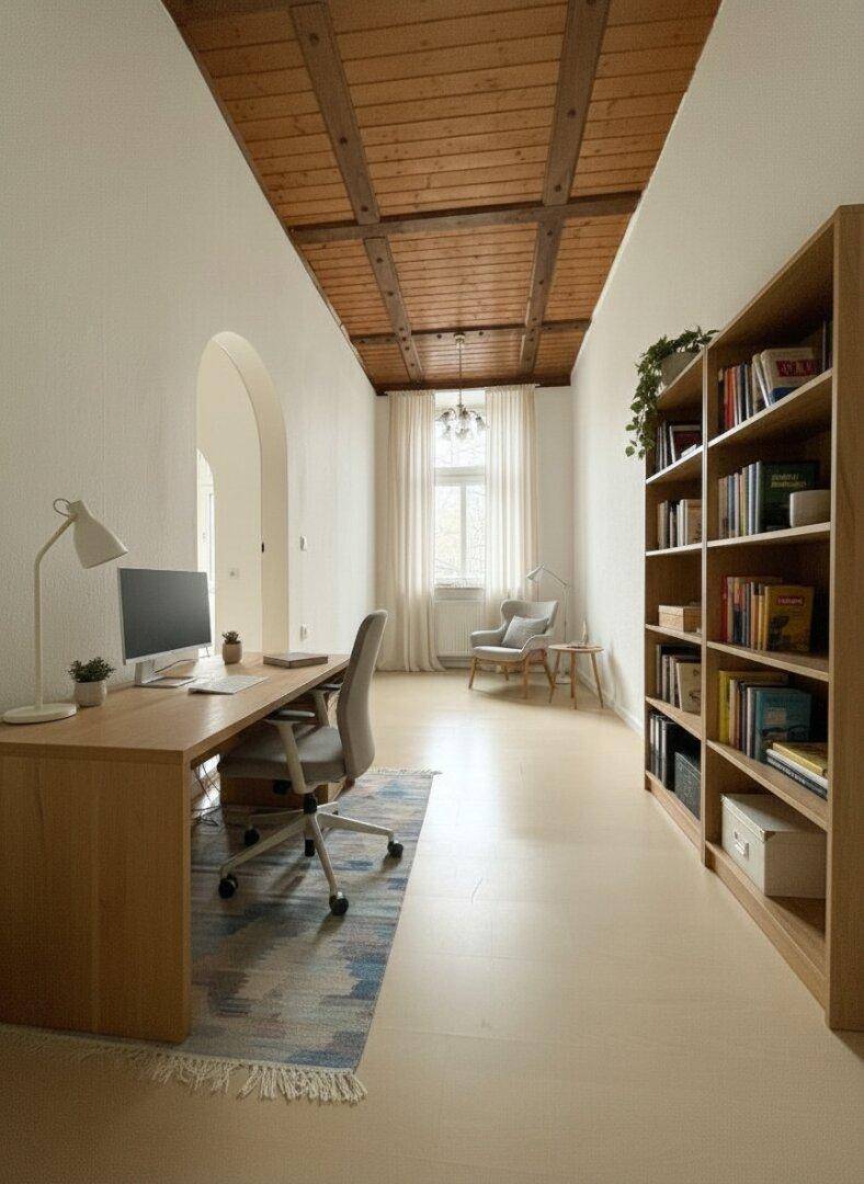 Helles Arbeitszimmer mit Holzbalkendecke, Schreibtisch und Bücherregal.