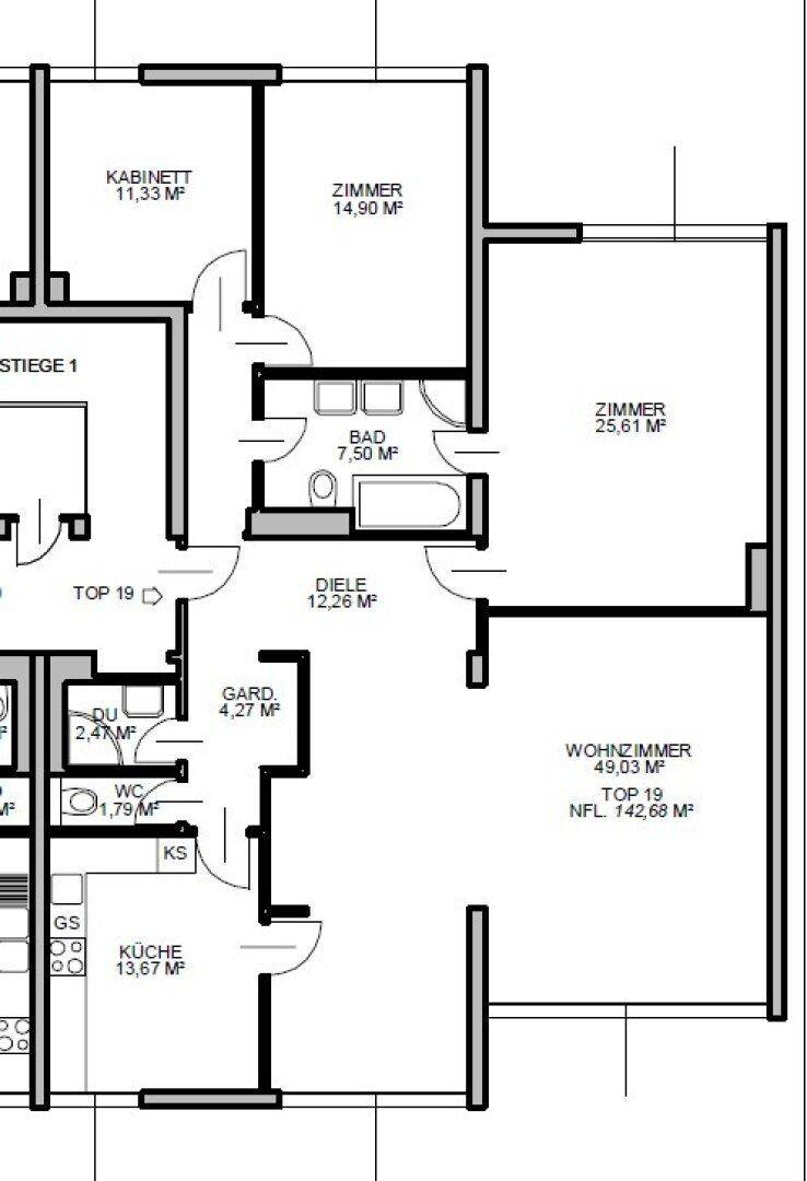 Detaillierter Grundriss einer Wohnung mit mehreren Zimmern, Bad, WC und Küche.