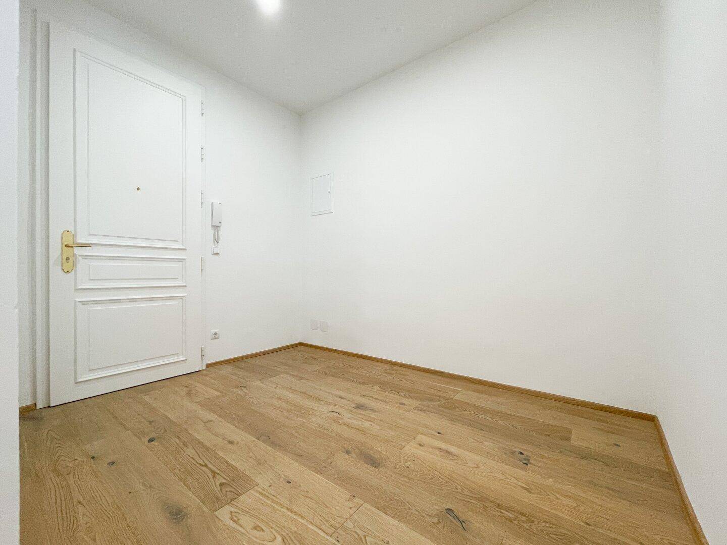 Eingangsbereich mit Holztür und hellem Parkettboden, der in die Wohnung führt.
