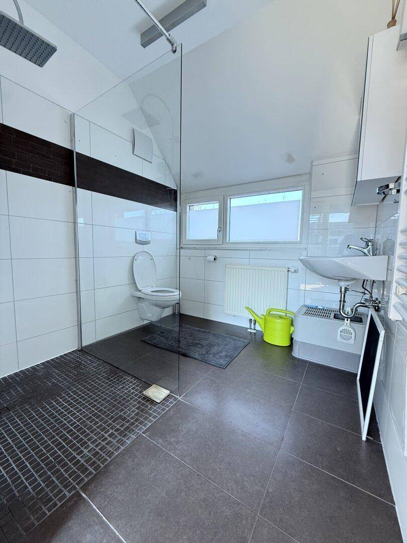Modernes Badezimmer mit ebenerdiger Dusche, WC und Fenster, in hellen und dunklen Fliesen.