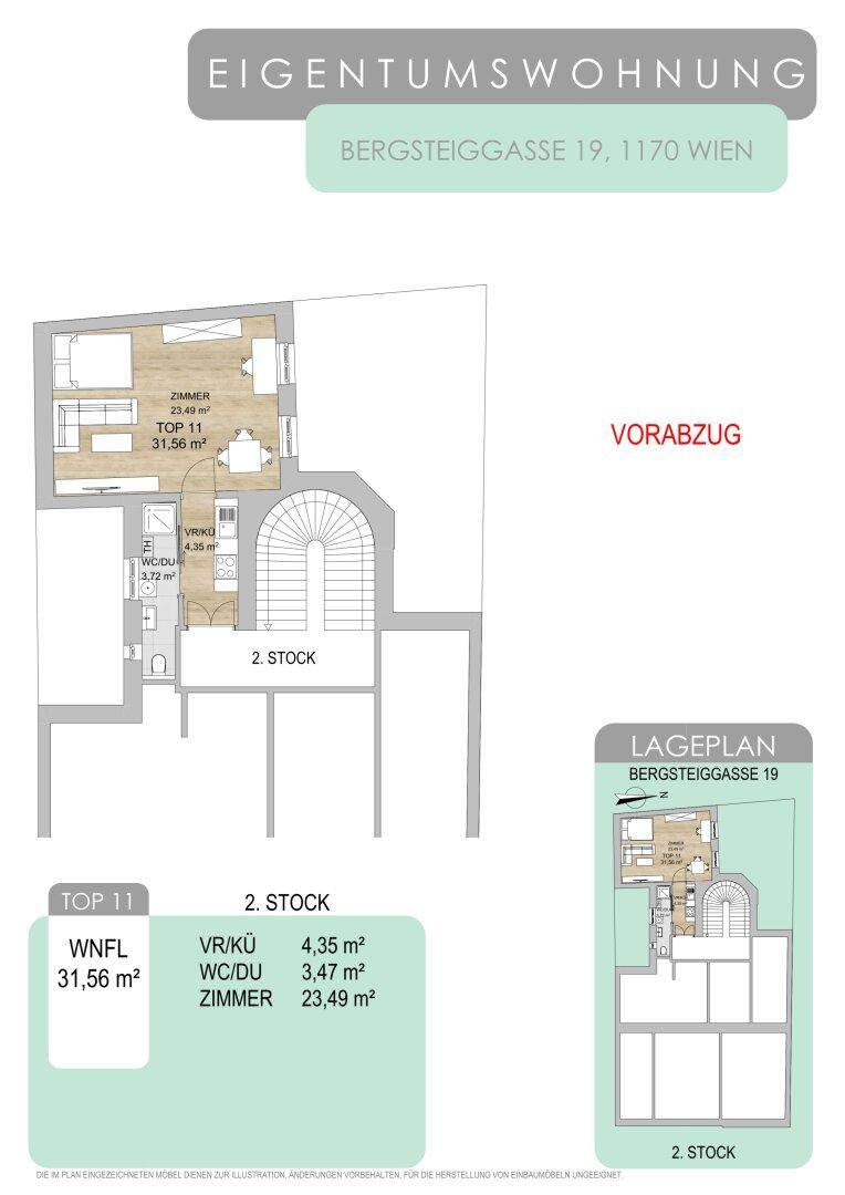Grundriss der Wohnung im 2. Stock mit Zimmer, Vorraum und WC/Dusche.