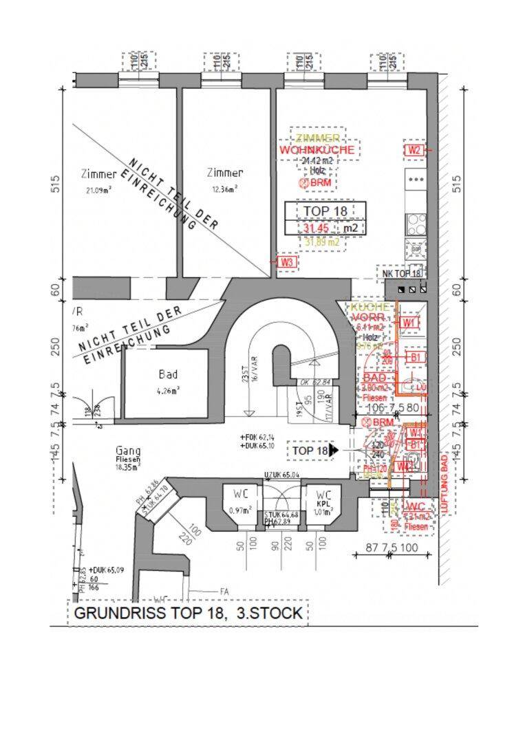 Detaillierter Grundriss der Wohnung Top 18 im 3. Stock mit Raumaufteilung und Maßen.