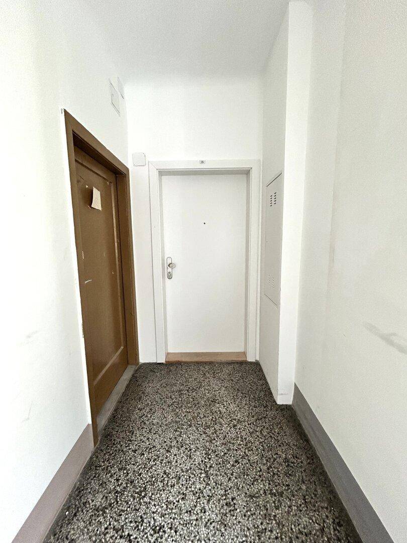 Eingangsbereich einer Wohnung mit zwei Türen und Terrazzoboden, der zu den Wohnräumen führt.