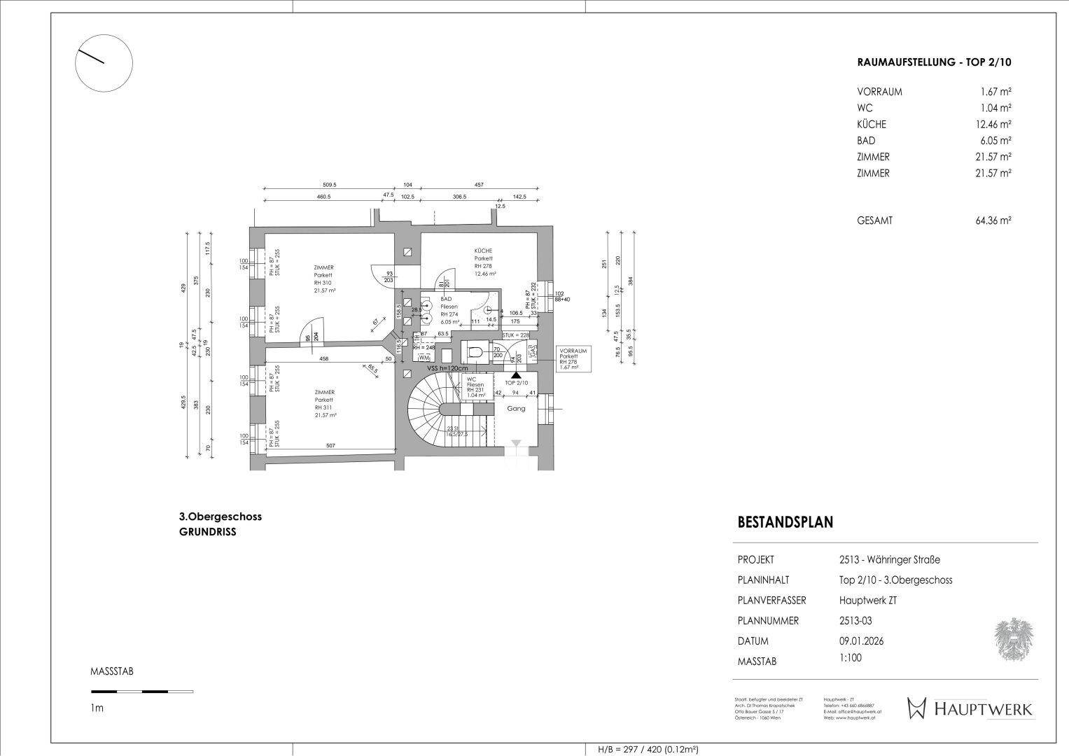 Detaillierter Grundriss des 3. Obergeschosses mit Raumaufteilung und Flächenangaben.