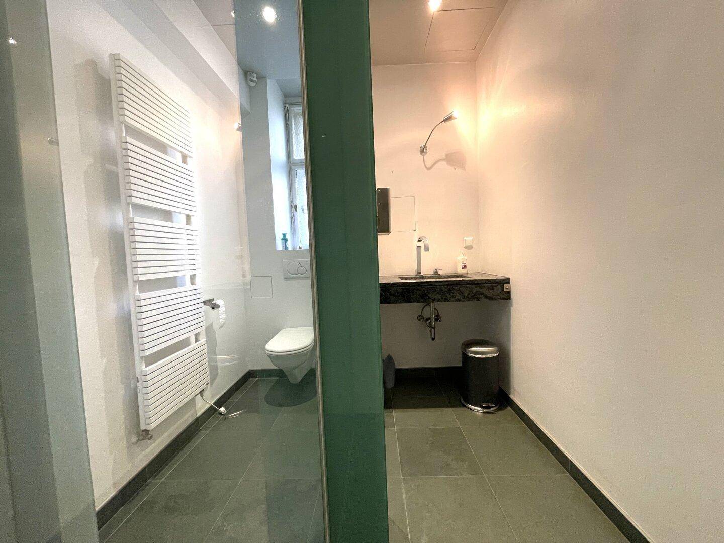 Modernes Gäste-WC mit dunklen Fliesen, Wand-WC und Handtuchheizkörper.