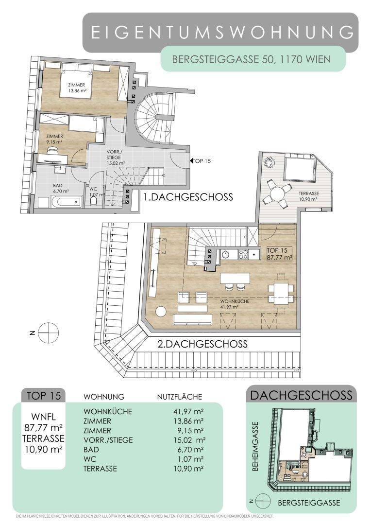 Detaillierter Grundriss einer Dachgeschosswohnung mit zwei Ebenen, offener Wohnküche und großer Terrasse.