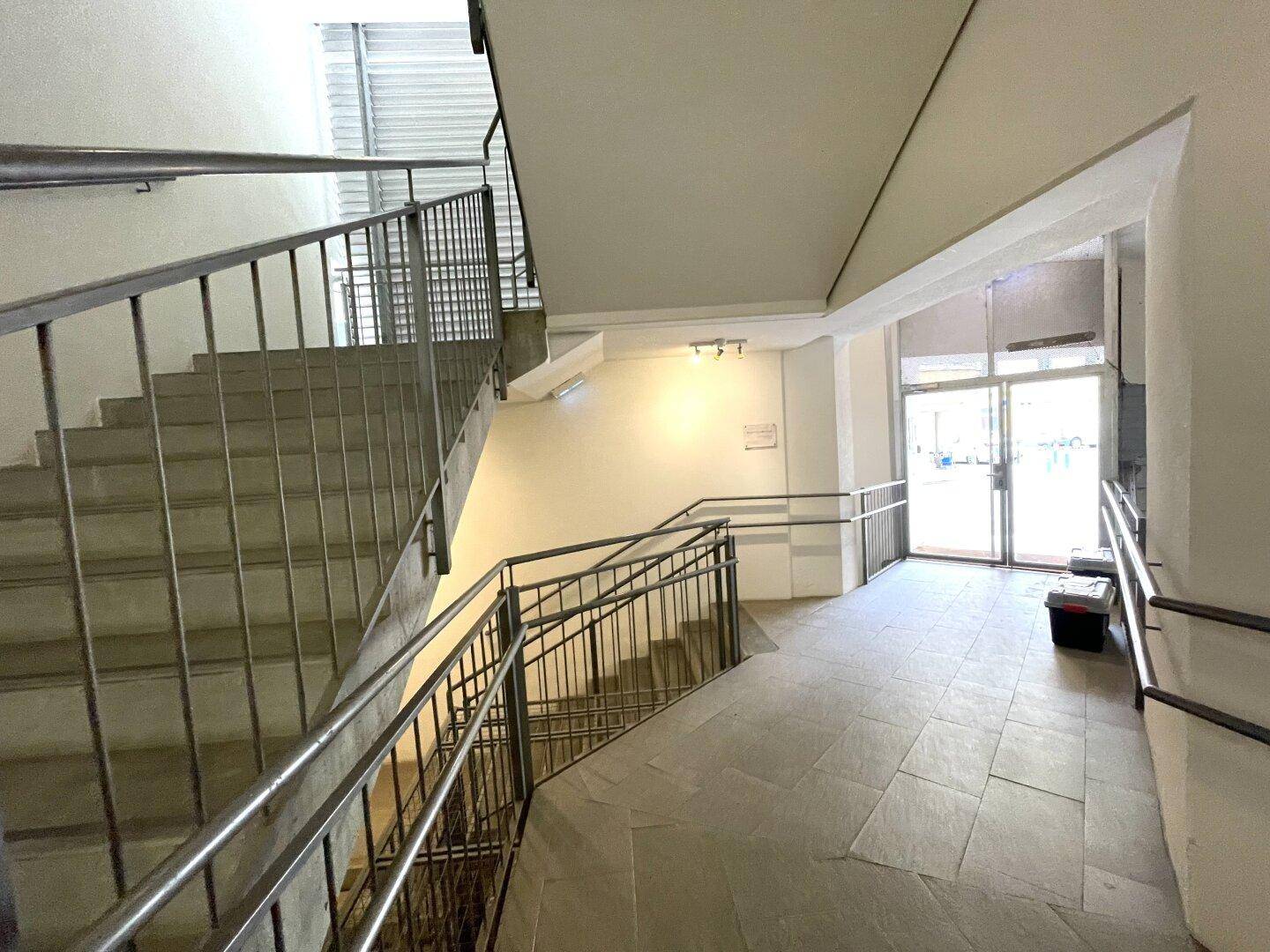 Heller Treppenaufgang mit Metallgeländer und Zugang zum Gebäude durch eine große Glastür.