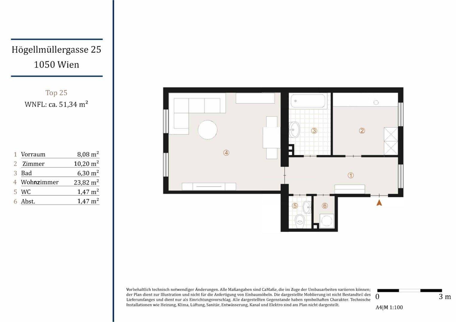 Grundriss einer Wohnung mit 51,34 m² Wohnfläche, inklusive Zimmern, Bad und WC.