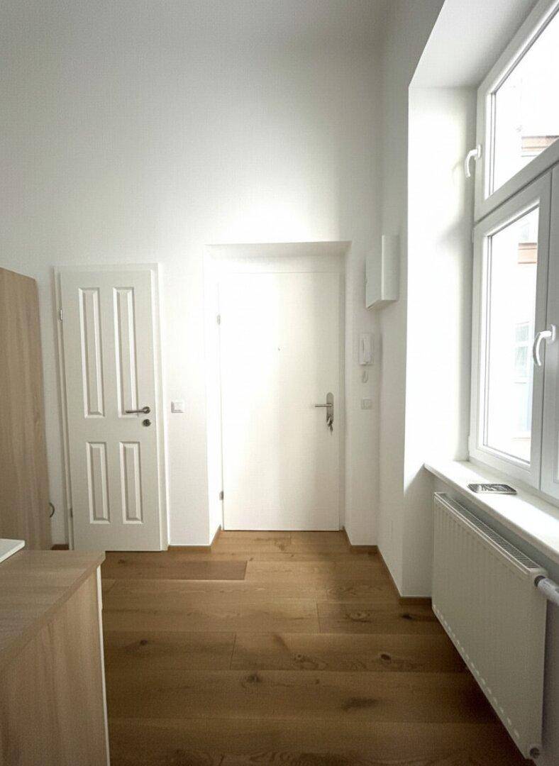Eingangsbereich mit Holzboden, weißer Tür und Fenster, bietet Zugang zu weiteren Räumen.