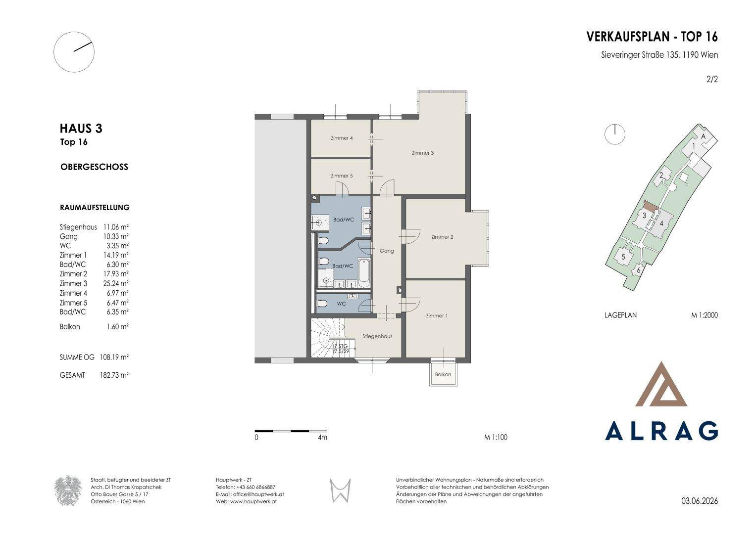 Detaillierter Grundrissplan des Obergeschosses von Haus 3, Top 16, mit mehreren Zimmern, zwei Bädern und Balkon.