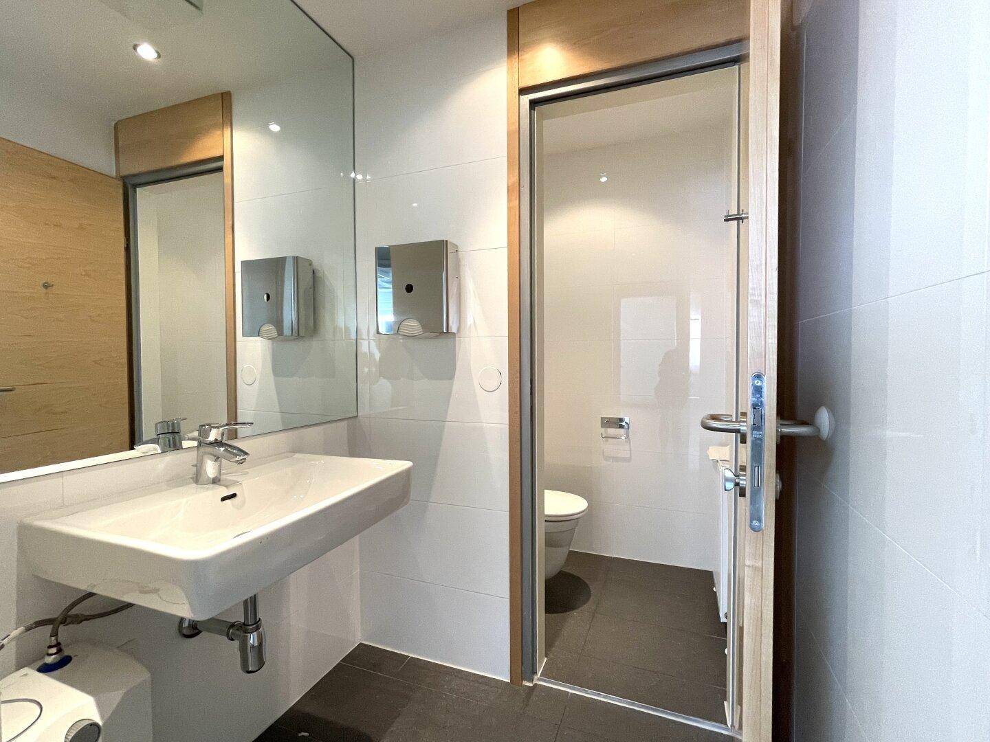 Modernes Badezimmer mit weißem Waschbecken, großem Spiegel und Toilette hinter einer Glastür.