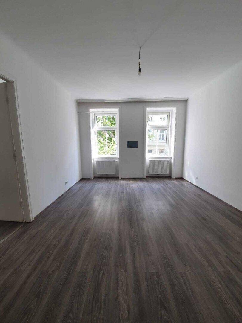 Heller, leerer Raum mit dunklem Laminatboden und frisch gestrichenen weißen Wänden.